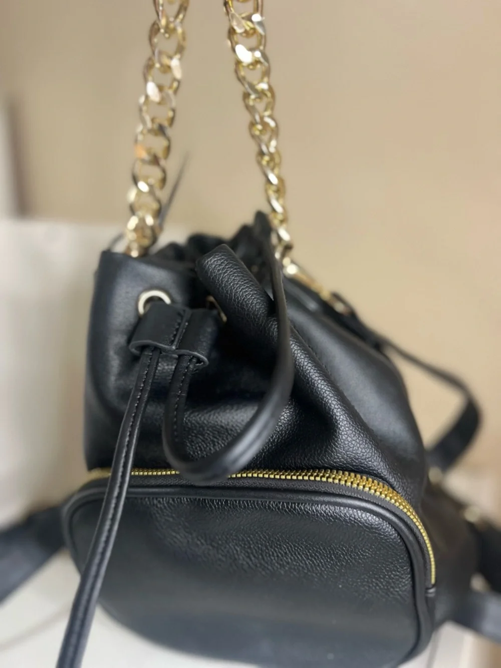 Grossi Black Faux Leather Mini Backpack Drawstring Bucket Bag Gold Chain
